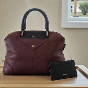 Furla VTG Burgundy and Black Satchel Bag With Card Case